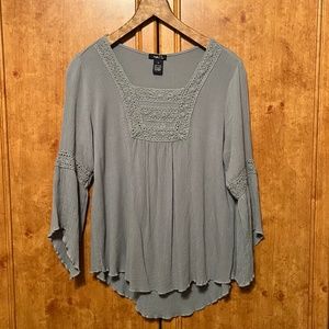 Rue 21Olive Green Boho Babydoll Style Crochet Trim Bell Sleeve Blouse Size S
